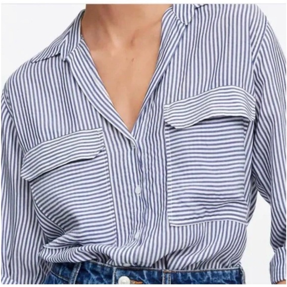 Zara Blue White Striped Viscose ButtonDown Collared Blouse, Sz S, Parisian Style - Picture 3 of 15